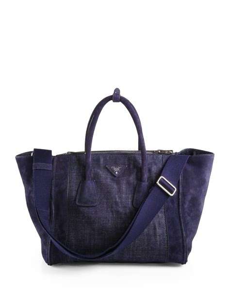 prada leather tote suede inside|Prada denim tote.